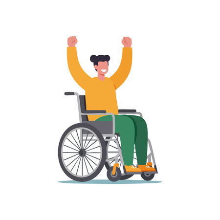 Illustration depicts a happy man in a wheelchair raising his hands in triumph, symbolizing empowerment and positive energy. Cheerful mood.のイラスト素材