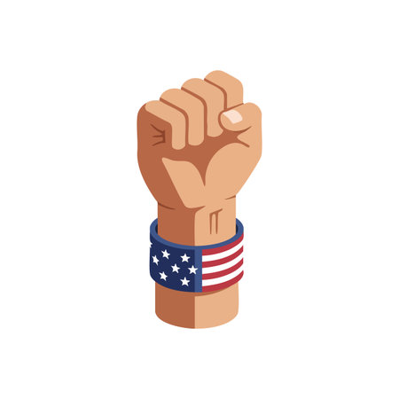 Raised fist with American flag wristband represents unity strength and patriotism in a clean vector style. Mood is empowering and bold.のイラスト素材