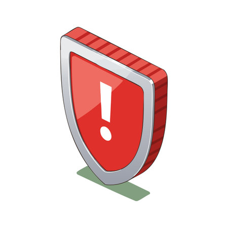 Red shield with white exclamation mark stands as a warning or alert symbol in isometric style, conveying caution and attention effectively. Serious mood.のイラスト素材