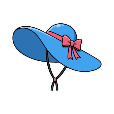 Vector shows a blue wide brim hat decorated with a pink bow and black chin strap, perfect for summer outings, stylish and charming.のイラスト素材