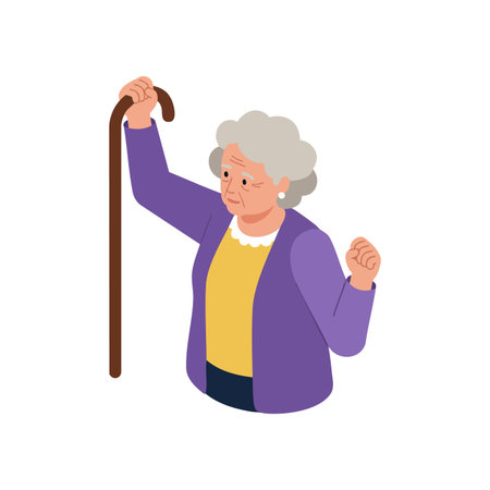 Illustration shows elderly woman with gray hair holding a wooden cane, dressed in purple cardigan and yellow shirt, expressing determination and strength. Cheerful mood.のイラスト素材