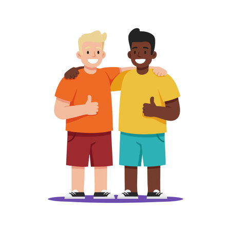 Illustration shows two boys smiling, hugging, and giving thumbs up in casual summer clothes, expressing friendship and happiness, cheerful mood.のイラスト素材