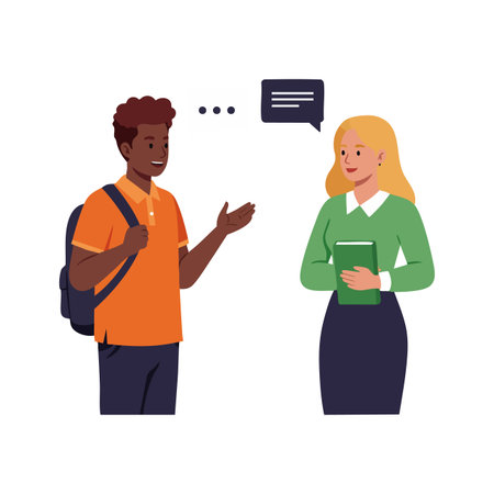 Two students are talking with a speech bubble between them, holding books and backpack, illustrating friendly communication. Cheerful mood.のイラスト素材