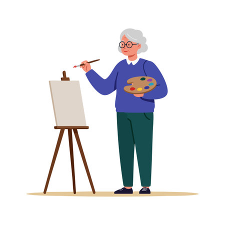 An elderly woman with gray hair and glasses paints on a blank canvas using a brush and palette. Creative and focused mood.のイラスト素材