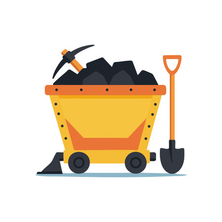 Mining cart loaded with coal and accompanied by shovel and pickaxe represents industrial excavation tools in a clean vector style, functional and straightforward.のイラスト素材