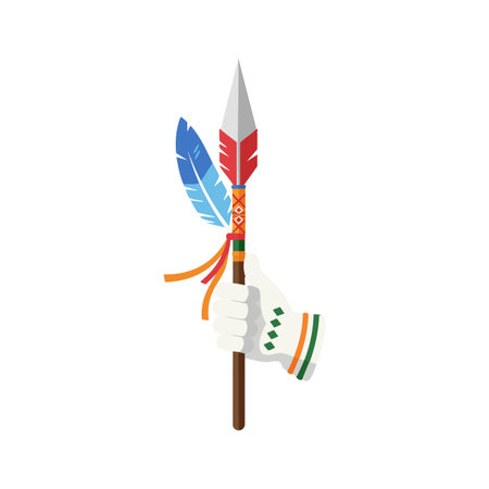Illustration shows a hand wearing a white glove holding a decorated spear with red and blue feathers, vibrant colors, and patterns, symbolizing tradition and culture. Calm.のイラスト素材