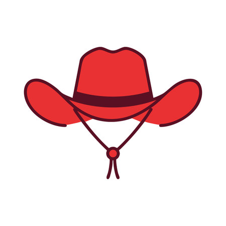 Vector illustration shows a bright red cowboy hat with a dark band and chin strap in a minimal flat style, evoking western charm. Cheerful.のイラスト素材