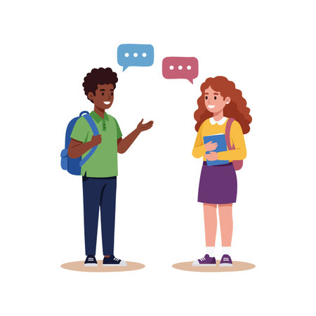 Two students engage in friendly conversation with speech bubbles, wearing backpacks and casual clothes, representing social interaction and learning environment, cheerful mood.のイラスト素材