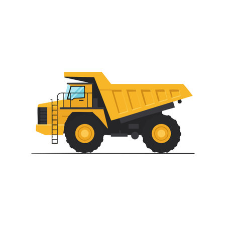 Illustration of a yellow heavy dump truck used for construction and mining, showing large tires and cabin detail in a clean vector style. professionalのイラスト素材
