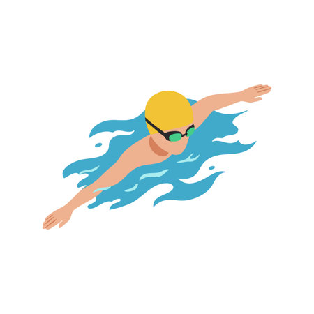 Vector illustration shows a swimmer with yellow swim cap and goggles swimming butterfly stroke in blue water, active and dynamic mood.のイラスト素材