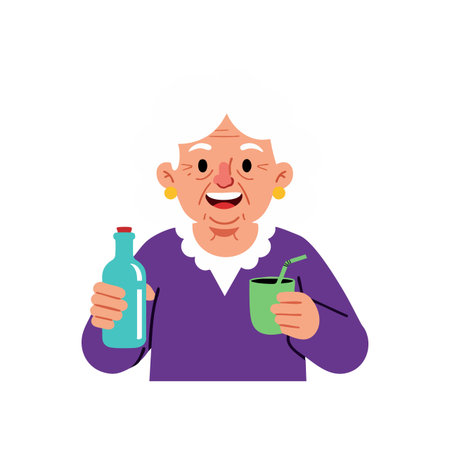Illustration shows an elderly woman with white hair holding a green cup and a blue bottle, smiling happily in a cheerful mood.のイラスト素材