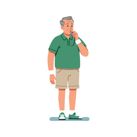 Elderly man in casual clothing stands thoughtfully with hand on chin, conveying contemplation and calm mood.のイラスト素材