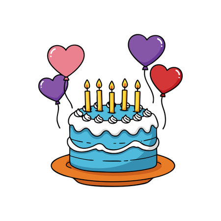 Illustration shows a blue birthday cake with five lit candles surrounded by heart shaped balloons in vibrant colors, creating a festive mood.のイラスト素材