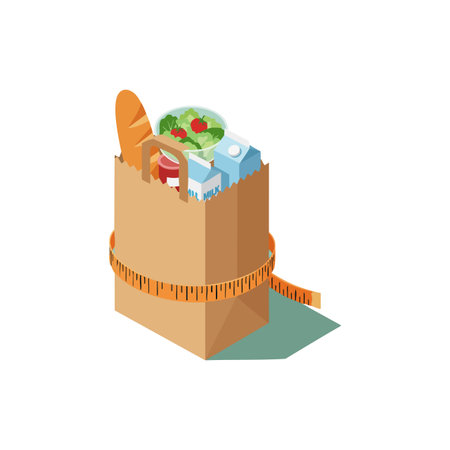 Illustration shows a grocery bag filled with various healthy food products wrapped with a measuring tape representing diet and nutrition in a clean style. Balanced mood.のイラスト素材