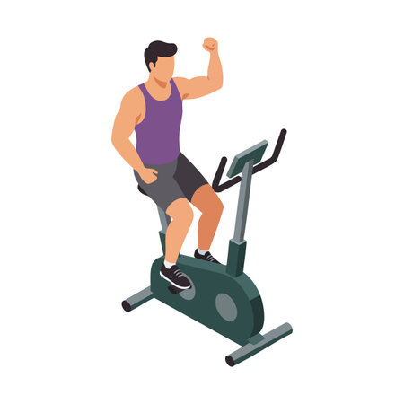Muscular man rides stationary bike during fitness workout session focusing on health and strength training, energetic moodのイラスト素材