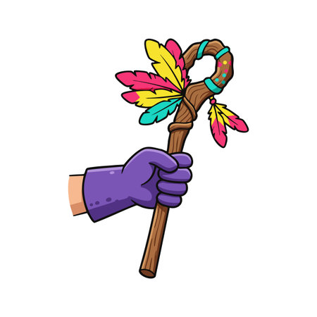 Illustration of a hand wearing purple glove holding a wooden staff decorated with vibrant yellow, pink, and turquoise feathers in cartoon style, vivid and playful.のイラスト素材
