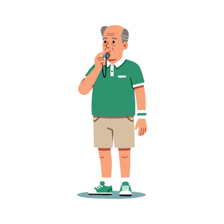 Elderly man stands blowing whistle wearing sports attire in a summer environment, depicting authority and focus in a calm mood.のイラスト素材