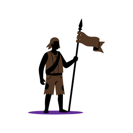 Vector silhouette of a tribal warrior holding a spear with a flag, wearing traditional clothing, standing confidently with a purple shadow, minimalistic and bold design. Mood is strong and mysterious.のイラスト素材