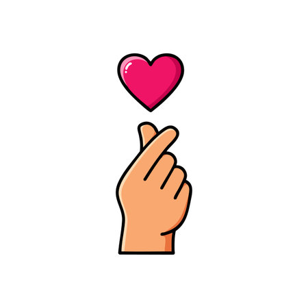 Vector image shows a hand forming the Korean finger heart gesture with a red heart floating above, symbolizing love and affection. Cheerful mood.のイラスト素材