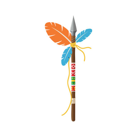 Vector illustration of a Native American spear decorated with orange and blue feathers and tribal patterns, showing cultural symbolism and craftsmanship. Calm.のイラスト素材