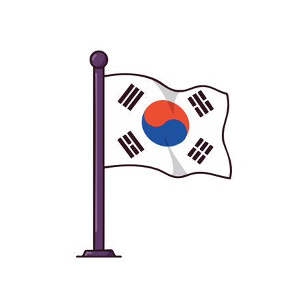 This vector image features the South Korea flag waving on a pole, showing its iconic red and blue Taegeuk and four black trigrams, symbolizing peace and balance. Calm mood.のイラスト素材