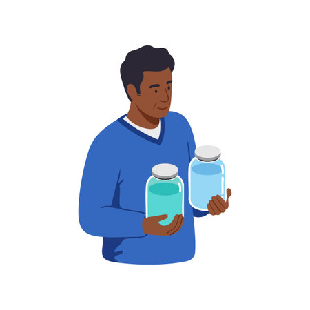 Illustration of man holding two glass jars filled with liquid wearing a blue sweater showing careful attention, calm mood.のイラスト素材