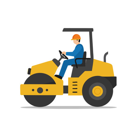 Vector image shows a construction worker driving a yellow road roller with protective gear, demonstrating industrial equipment usage in a clear style. Professional mood.のイラスト素材
