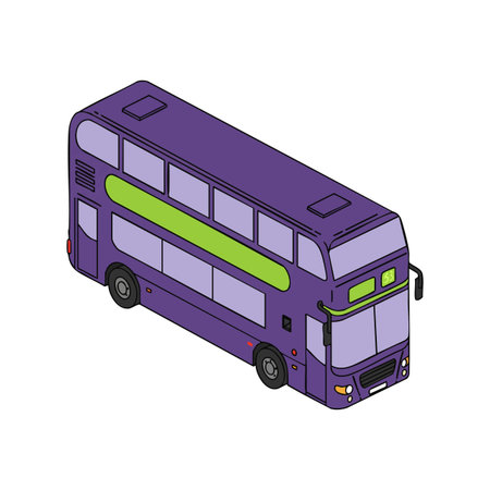 This vector shows a purple double decker bus designed for urban public transport, featuring modern styling and green accents, with an isometric view. Calm.のイラスト素材