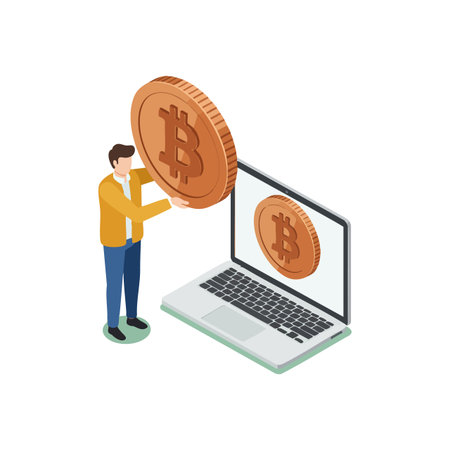 Illustration shows man holding large bitcoin coin beside laptop displaying bitcoin symbol, representing digital currency concept in modern style, optimistic mood.のイラスト素材