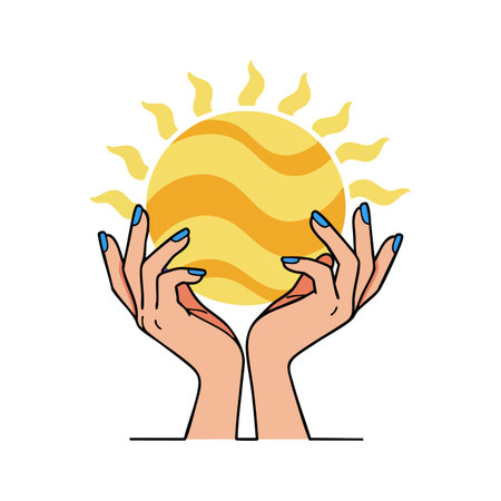 Illustration features two hands with blue nails gently holding a glowing yellow sun symbol radiating warmth and light, conveying positive and uplifting mood.のイラスト素材