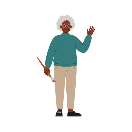 This vector shows an elderly woman artist holding a paintbrush waving with a friendly smile, wearing casual clothes. The mood is welcoming and creative.のイラスト素材