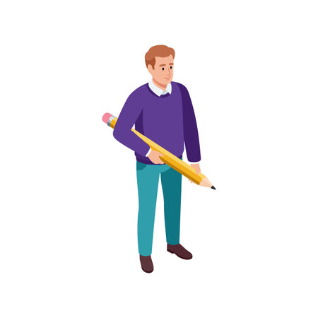 Illustration of a man in purple sweater holding a large pencil, symbolizing creativity and design, with a calm and focused expression.のイラスト素材