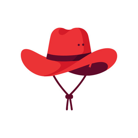 Red cowboy hat features a wide brim and chin strap, presented in a simple flat vector style, conveying western fashion mood.のイラスト素材