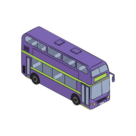 Illustration of a purple double decker city bus in isometric view, showing windows and wheels, designed cleanly and simply, modern look, vibrant mood.のイラスト素材