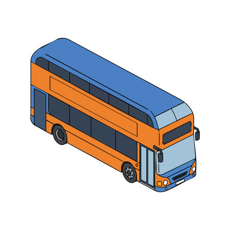 This vector illustration shows a double decker bus in blue and orange colors with clean lines, perfect for transport and travel themes. Bright and modern.のイラスト素材