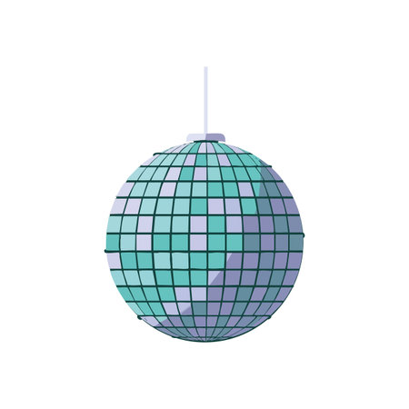 Vector illustration shows a disco ball with blue and purple tiles reflecting light, perfect for party and celebration themes. Festive and vibrant.のイラスト素材