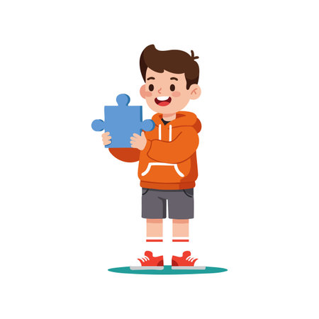 Young boy happily holding a large blue puzzle piece wearing an orange hoodie and gray shorts, standing on a simple patch of grass, cheerful mood.のイラスト素材