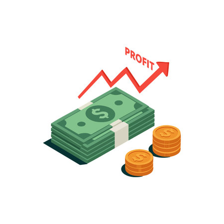 Vector image showing a stack of green cash and gold coins with an upward red profit arrow representing financial growth and success, optimistic mood.のイラスト素材