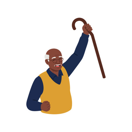 Vector of a happy elderly man with glasses and white hair raising a cane in celebration, expressing joy and energy. Cheerful mood.のイラスト素材