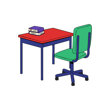 Vector image showing a red office desk with a green swivel chair and two books on top, depicting a simple workspace setup, colorful and clear.のイラスト素材