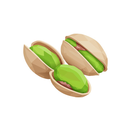 Vector image depicts three pistachio nuts with green seeds in light brown shells, emphasizing natural and healthy snack concept, fresh and vibrant mood.のイラスト素材