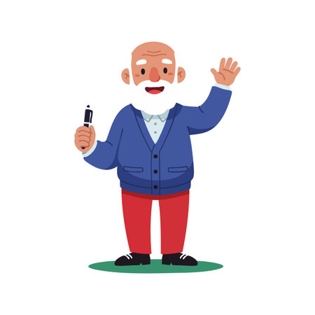 Elderly man with white beard waves hand and holds pen, wearing red pants and blue cardigan, standing on green patch, cheerful mood.のイラスト素材