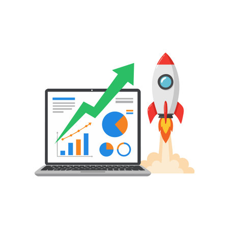 Vector illustration showing a rocket launching beside a laptop with rising business growth charts and graphs, symbolizing success and progress. Motivational mood.のイラスト素材