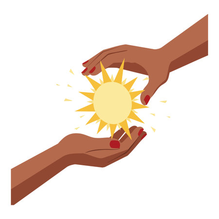 Illustration shows two hands gently holding a radiant sun symbol emitting warm light, representing energy and hope. Bright and uplifting mood.のイラスト素材