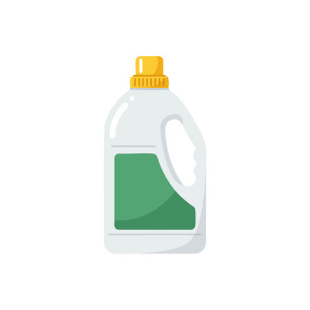 White plastic detergent bottle with ergonomic handle and bright yellow cap, featuring a green label design for cleaning product packaging, simple and clean style.のイラスト素材
