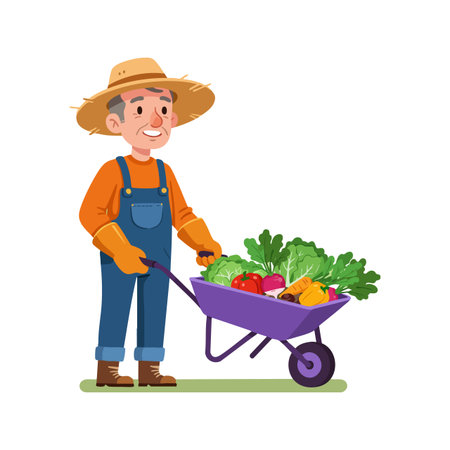 Illustration shows a farmer wearing hat and gloves pushing a wheelbarrow filled with fresh vegetables outdoors. Scene feels cheerful and productive.のイラスト素材