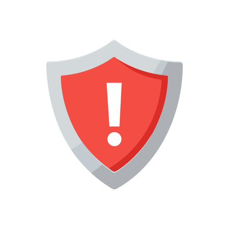 Red shield with white exclamation mark warning sign represents security alert and protection concept in flat style. Clear and bold design, serious mood.のイラスト素材