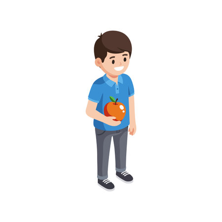 A young boy stands smiling while holding a bright red apple, dressed in casual blue shirt and gray pants, cheerful mood.のイラスト素材