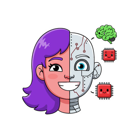 This vector shows a smiling hybrid face split between human with purple hair and a robot with circuits, accompanied by microchips and brain icons. Modern and playful mood.のイラスト素材