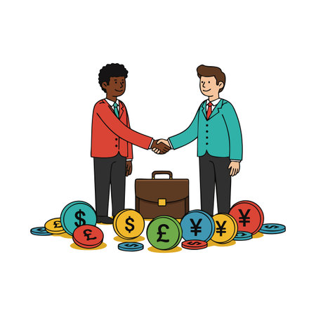 Two businessmen shaking hands surrounded by various currency symbols and a briefcase, representing business agreement and partnership mood.のイラスト素材